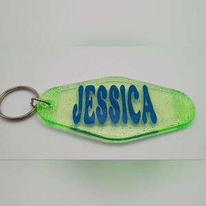 Motel Keychain Custom Retro Styled Green Glitter Blue Jessica Keyring